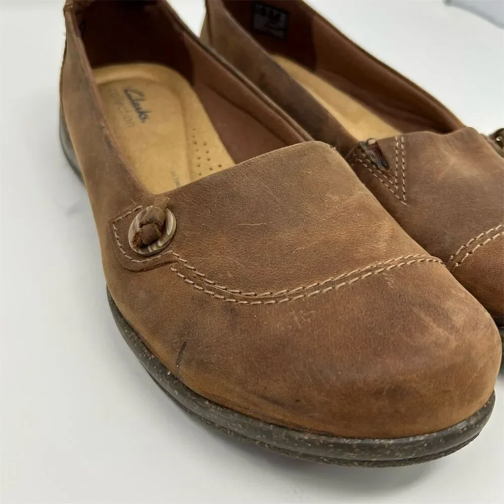Clarks Women's Roseville Sky Brown Leather Slip-On Loafers Size 10 Wide Comfort